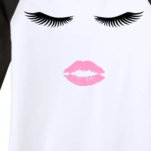 Fashion Style Eyelash Lips Lashes Pink Lipstick Women's Tri-Blend 3/4-Sleeve Raglan Shirt