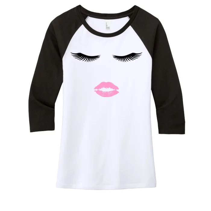 Fashion Style Eyelash Lips Lashes Pink Lipstick Women's Tri-Blend 3/4-Sleeve Raglan Shirt