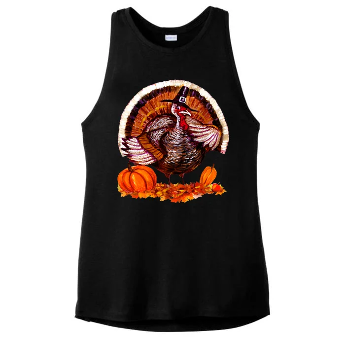 Fat Turkey Pumpkin Scene Ladies Tri-Blend Wicking Tank