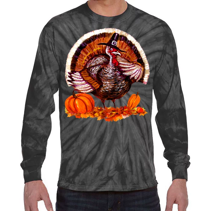 Fat Turkey Pumpkin Scene Tie-Dye Long Sleeve Shirt