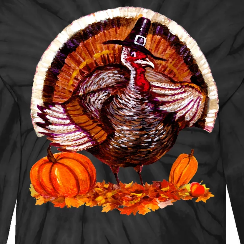 Fat Turkey Pumpkin Scene Tie-Dye Long Sleeve Shirt