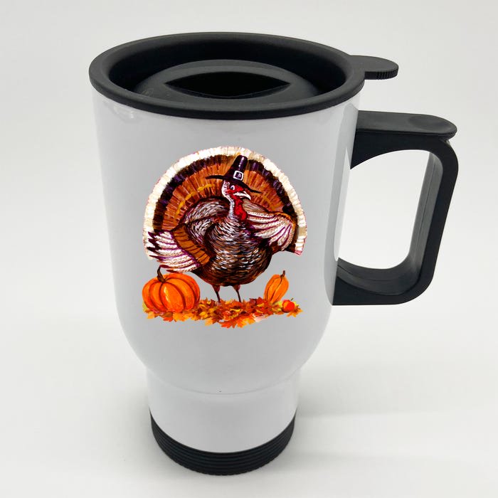 Fat Turkey Pumpkin Scene Front & Back Stainless Steel Travel Mug