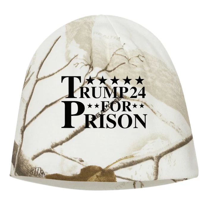 Funny Anti Trump For Prison 2024 Black Font Kati - Camo Knit Beanie