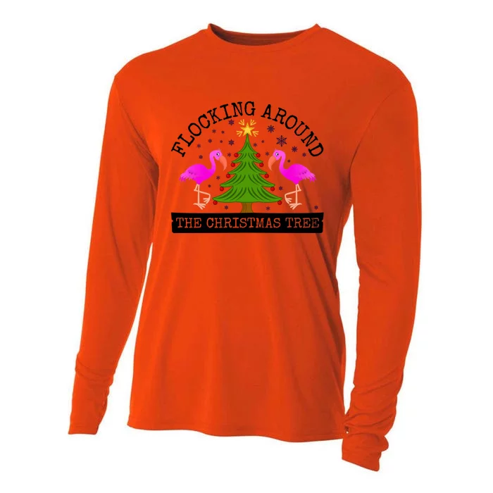 Flocking Around The Christmas Tree Pink Flamingo Christmas Gift Cooling Performance Long Sleeve Crew