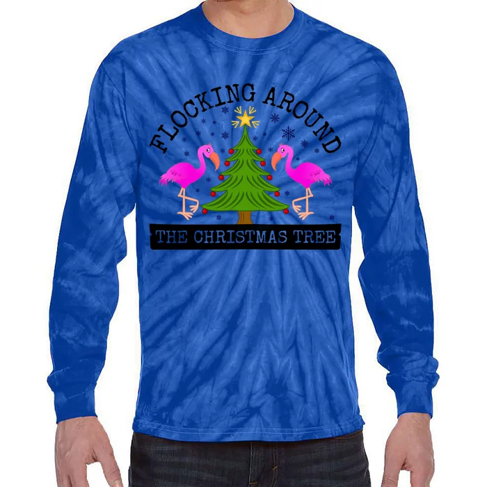 Flocking Around The Christmas Tree Pink Flamingo Christmas Gift Tie-Dye Long Sleeve Shirt