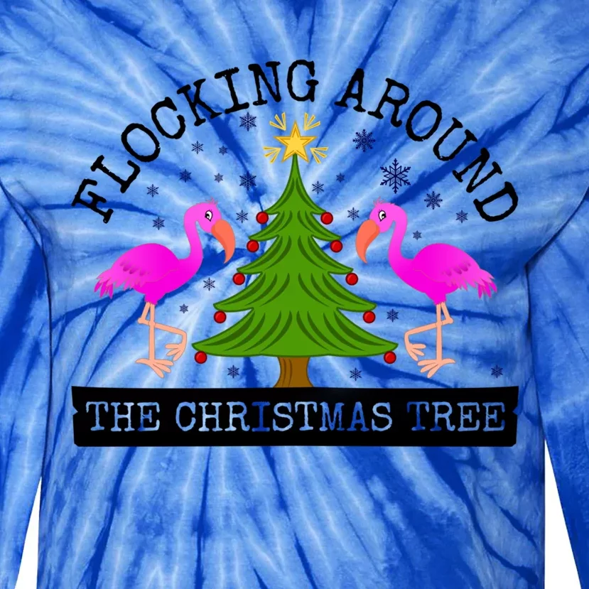 Flocking Around The Christmas Tree Pink Flamingo Christmas Gift Tie-Dye Long Sleeve Shirt