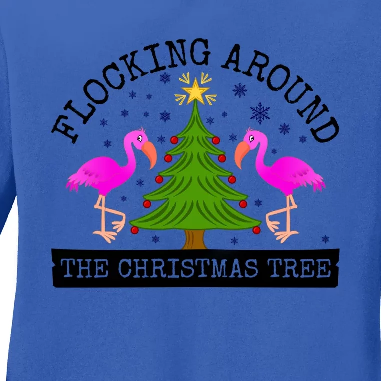 Flocking Around The Christmas Tree Pink Flamingo Christmas Gift Ladies Long Sleeve Shirt