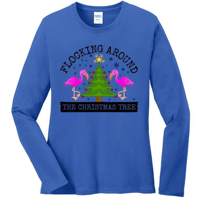 Flocking Around The Christmas Tree Pink Flamingo Christmas Gift Ladies Long Sleeve Shirt