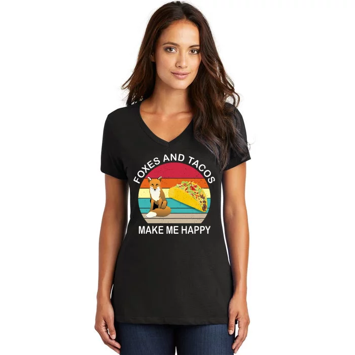 Foxes And Tacos Make Me Happy Retro Sunset Women's V-Neck T-Shirt