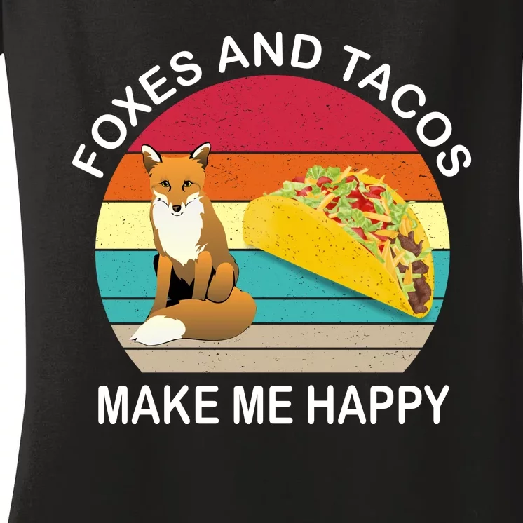 Foxes And Tacos Make Me Happy Retro Sunset Women's V-Neck T-Shirt