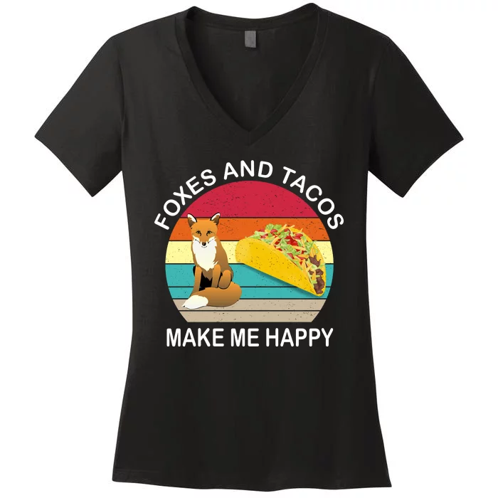 Foxes And Tacos Make Me Happy Retro Sunset Women's V-Neck T-Shirt