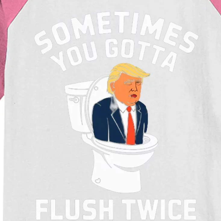 Funny Anti Trump Sometimes You Gotta Flush Twice Kids Colorblock Raglan Jersey