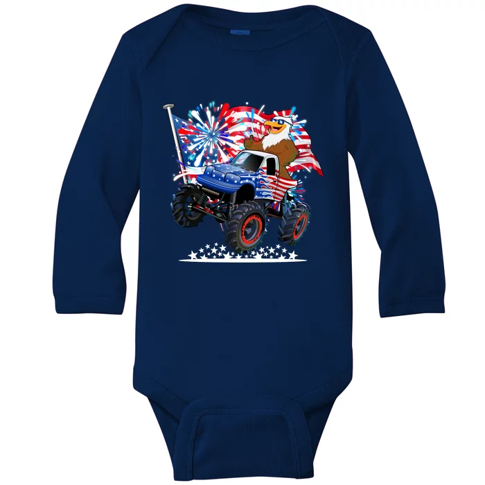 Funny American Usa Flag Eagle Monster Truck Baby Long Sleeve Bodysuit