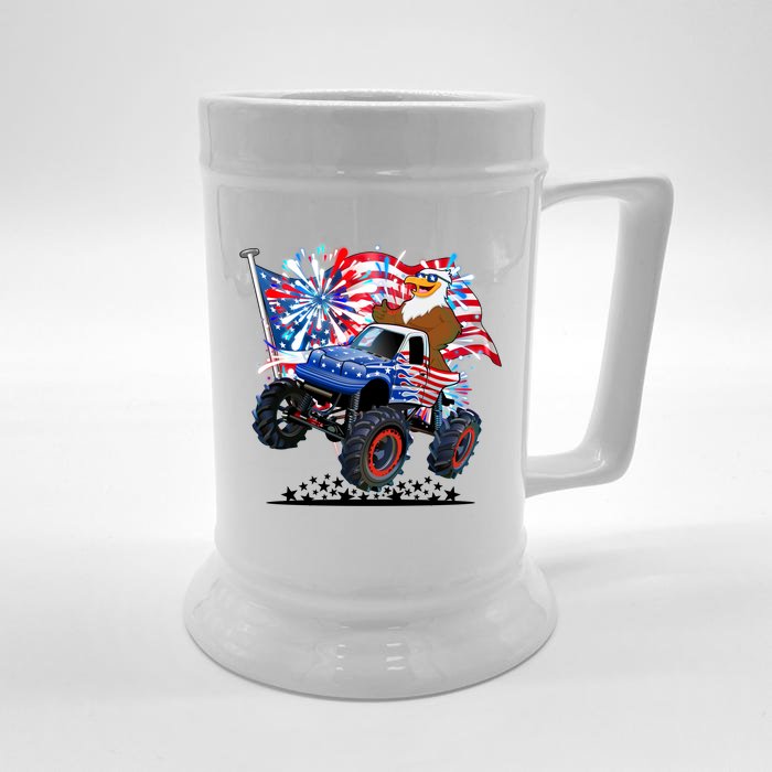 Funny American Usa Flag Eagle Monster Truck Front & Back Beer Stein