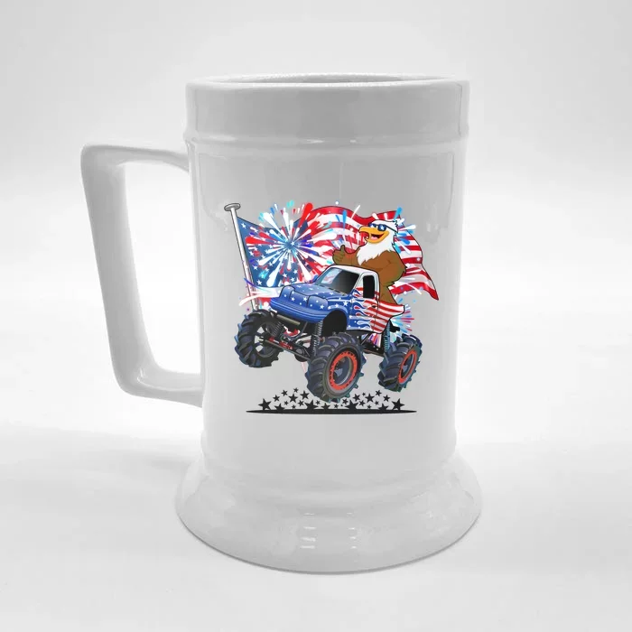 Funny American Usa Flag Eagle Monster Truck Front & Back Beer Stein