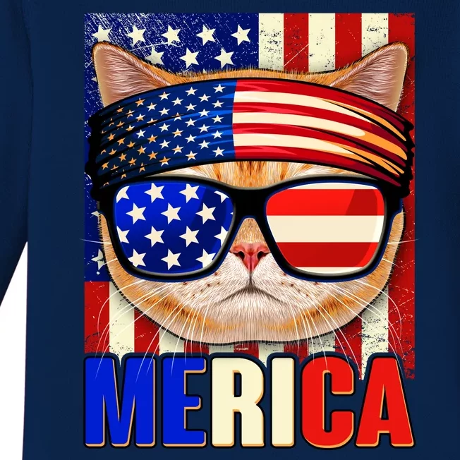 Funny American USA Flag Merica Cat Baby Long Sleeve Bodysuit