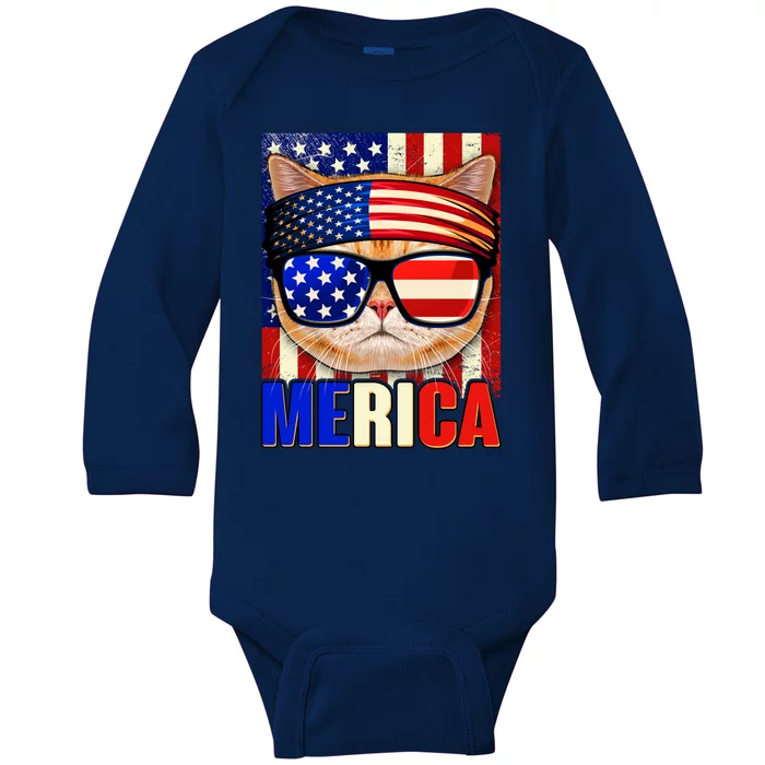 Funny American USA Flag Merica Cat Baby Long Sleeve Bodysuit