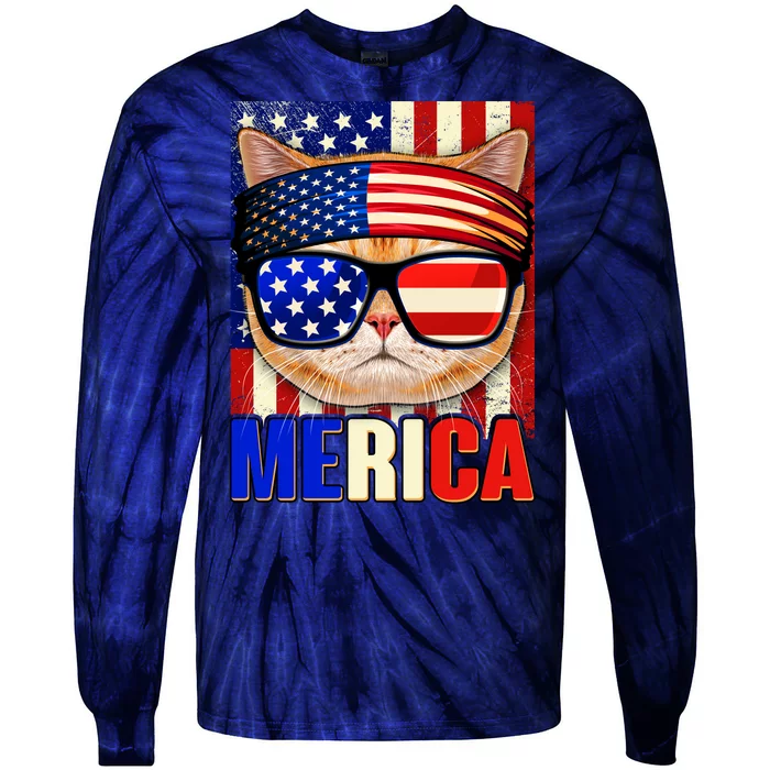 Funny American USA Flag Merica Cat Tie-Dye Long Sleeve Shirt