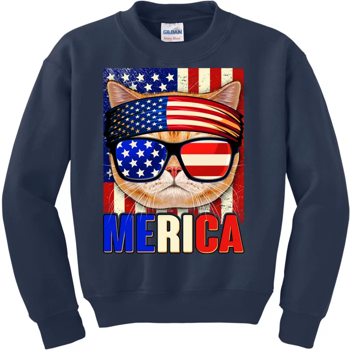 Funny American USA Flag Merica Cat Kids Sweatshirt