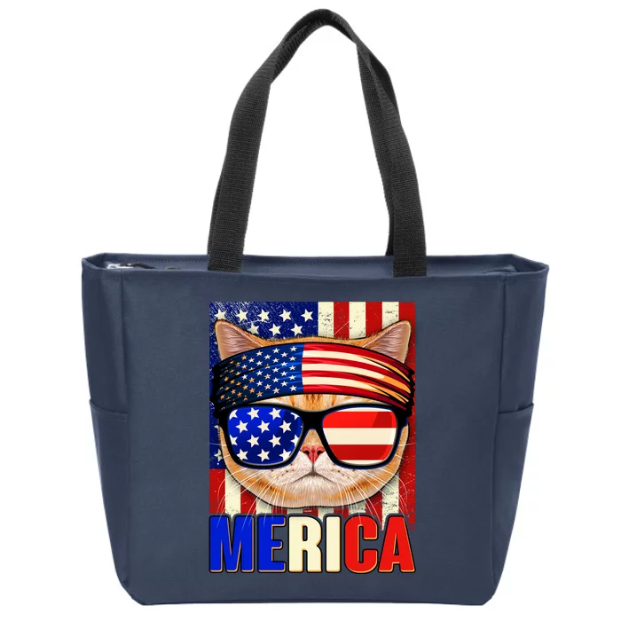 Funny American USA Flag Merica Cat Zip Tote Bag