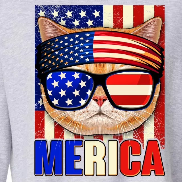 Funny American USA Flag Merica Cat Cropped Pullover Crew