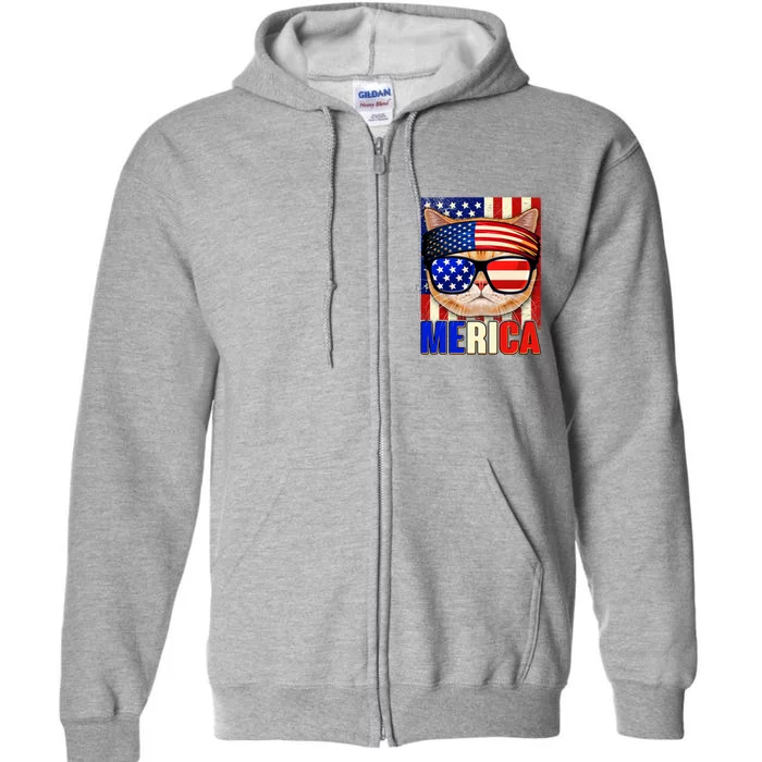 Funny American USA Flag Merica Cat Full Zip Hoodie