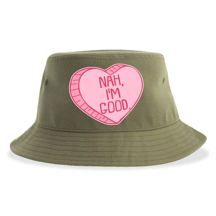 Funny Anti Valentines Day Nah I'm Good Candy Heart Sustainable Bucket Hat