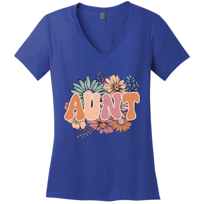 Floral Auntie Vintage Retro Groovy Auntie Best Auntie Ever Gift Women's V-Neck T-Shirt