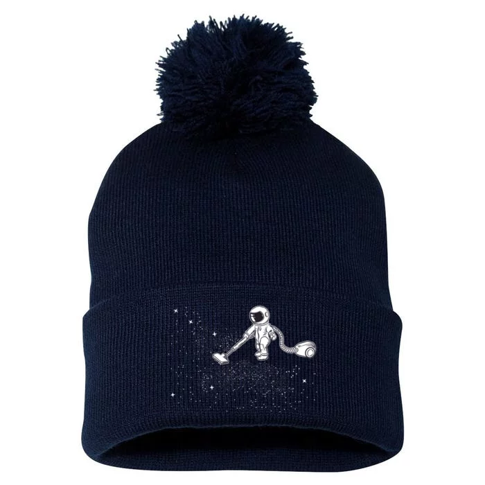 Funny Astronaut Vacuuming Galaxy Stars Pom Pom 12in Knit Beanie