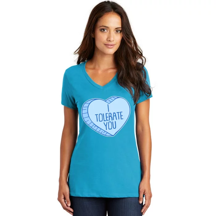 Funny Anti Valentines Day I Tolerate You Candy Heart Women's V-Neck T-Shirt