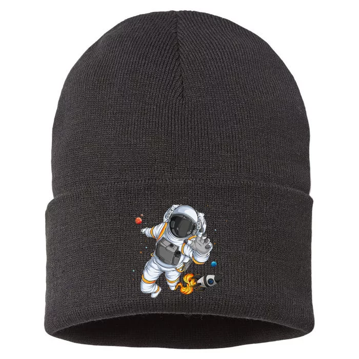 Flying Astronaut With Rocketship Outer Space Sustainable Knit Beanie