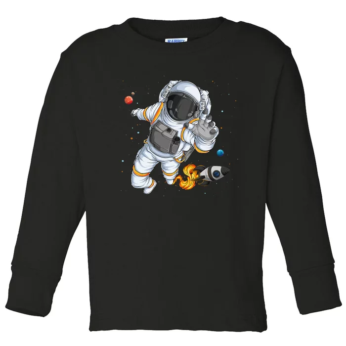 Flying Astronaut With Rocketship Outer Space Toddler Long Sleeve Shirt