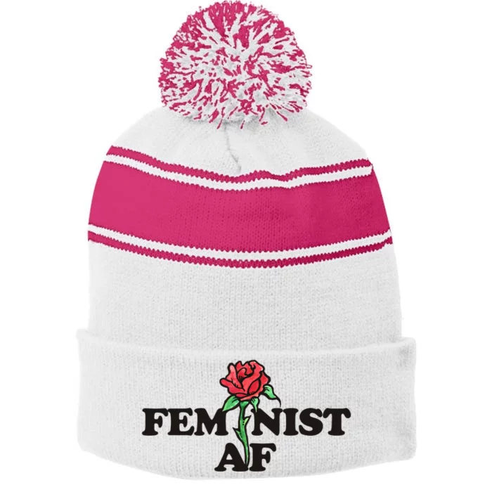 Feminist Af Watercolor Red Rose Art Great Gift Stripe Pom Pom Beanie