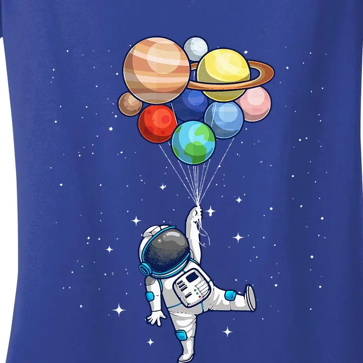 Funny Astronaut With Planets In Hand For Spaceman Women's V-Neck T-Shirt