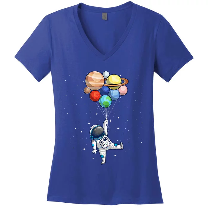 Funny Astronaut With Planets In Hand For Spaceman Women's V-Neck T-Shirt