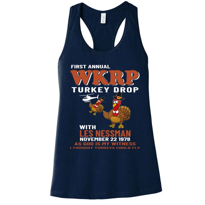 First Annual WKRP Turkey Drop With Les Nessman Thanksgiving Women's Racerback Tank