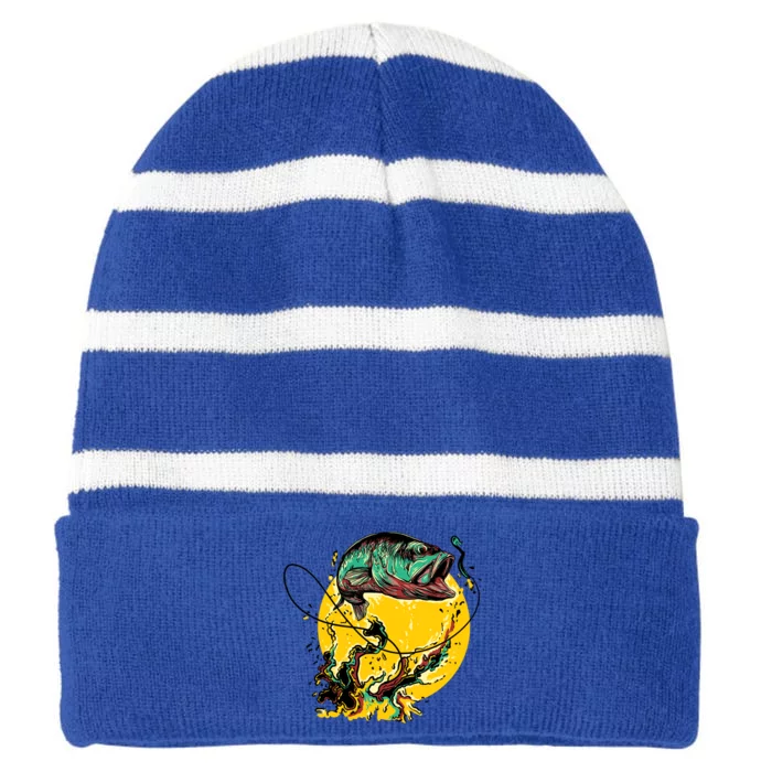 Fishing Art Wave Sunset Striped Beanie with Solid Band