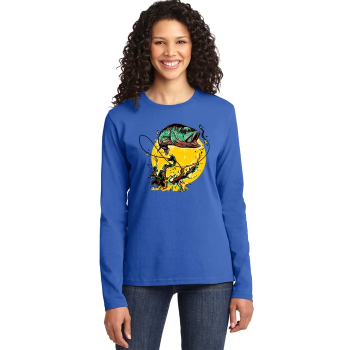 Fishing Art Wave Sunset Ladies Long Sleeve Shirt