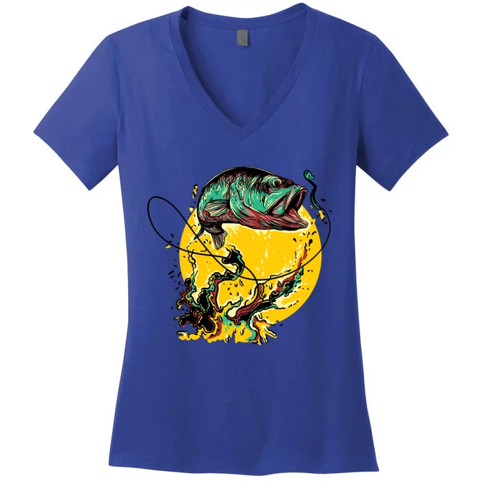 Fishing Art Wave Sunset Women's V-Neck T-Shirt