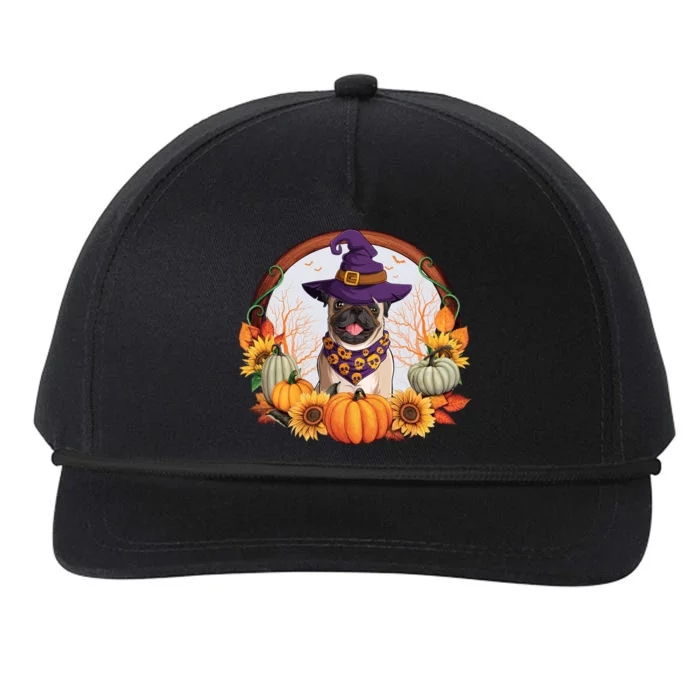 Fall Autumn Witchy Pug Dog Halloween Costume Gift Snapback Five-Panel Rope Hat