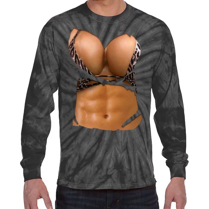 Fake Abs Women Bikini Body Muscle Six Pack Fake Big Boobs Tie-Dye Long Sleeve Shirt