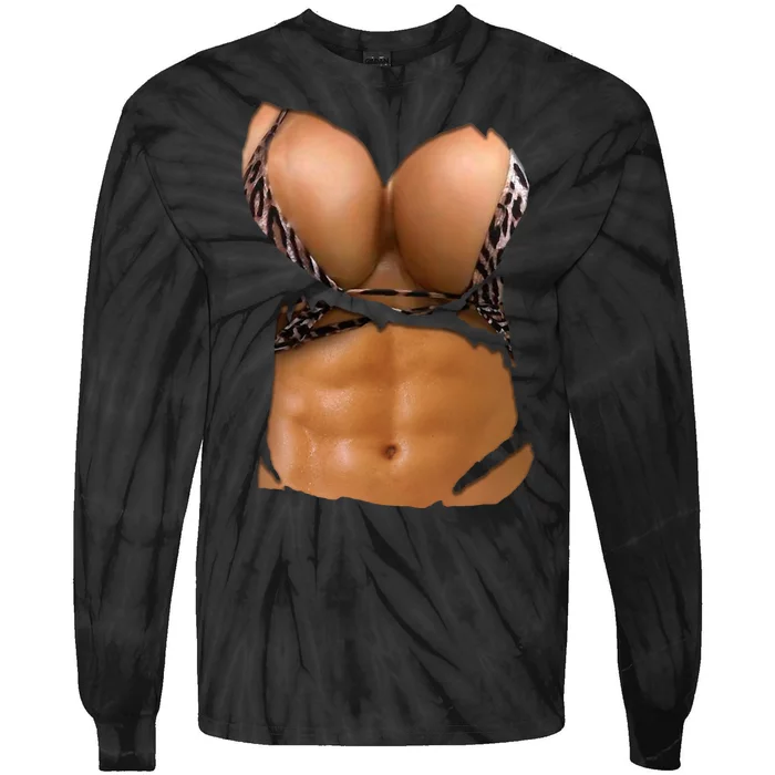 Fake Abs Women Bikini Body Muscle Six Pack Fake Big Boobs Tie-Dye Long Sleeve Shirt