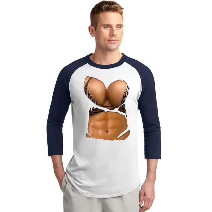 Fake Abs Women Bikini Body Muscle Six Pack Fake Big Boobs Baseball Sleeve Shirt