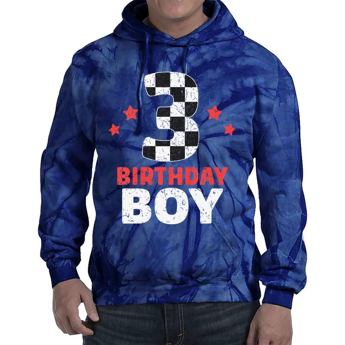 Funny Birthday 3 Three Racing Flag 3rd Birthday Race Car Tie Dye Hoodie