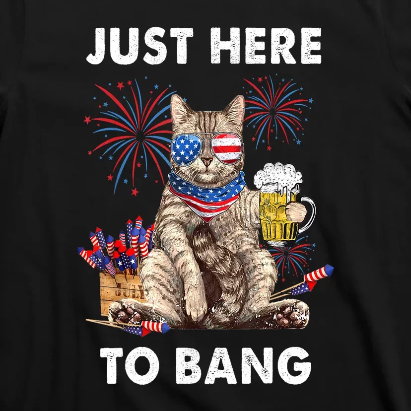 Funny Beer 4th Of July Cat Lover Just Here To Bang Usa Flag Gift T-Shirt