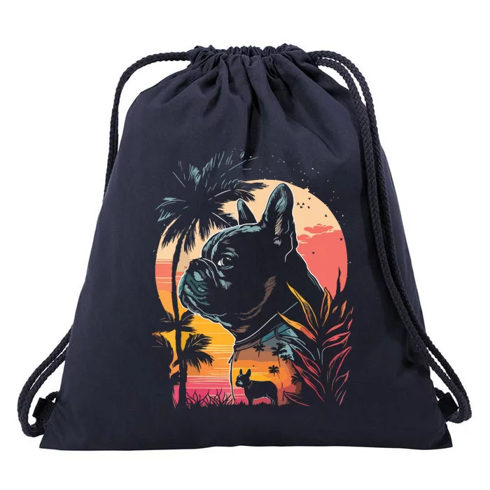 French Bulldog 80s Sunset Vintage Retro Style Drawstring Bag