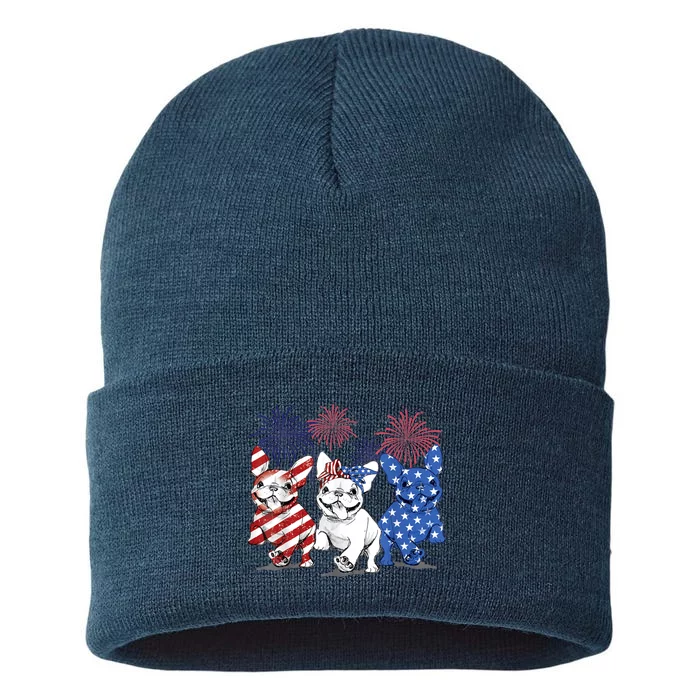 French Bulldog American Flag Frenchie 4th Of July Firework Sustainable Knit Beanie