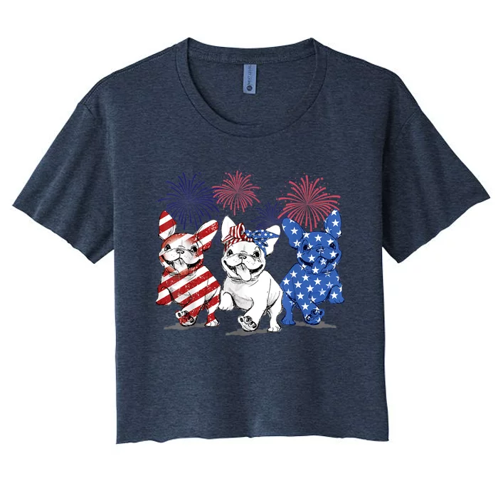 French Bulldog American Flag Frenchie 4th Of July Firework Women's Crop Top Tee