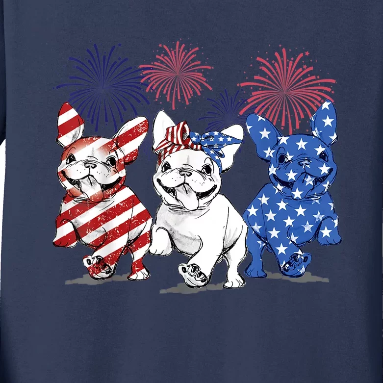 French Bulldog American Flag Frenchie 4th Of July Firework Kids Long Sleeve Shirt