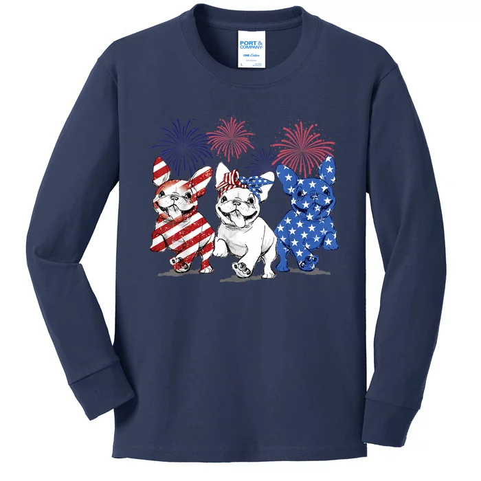 French Bulldog American Flag Frenchie 4th Of July Firework Kids Long Sleeve Shirt